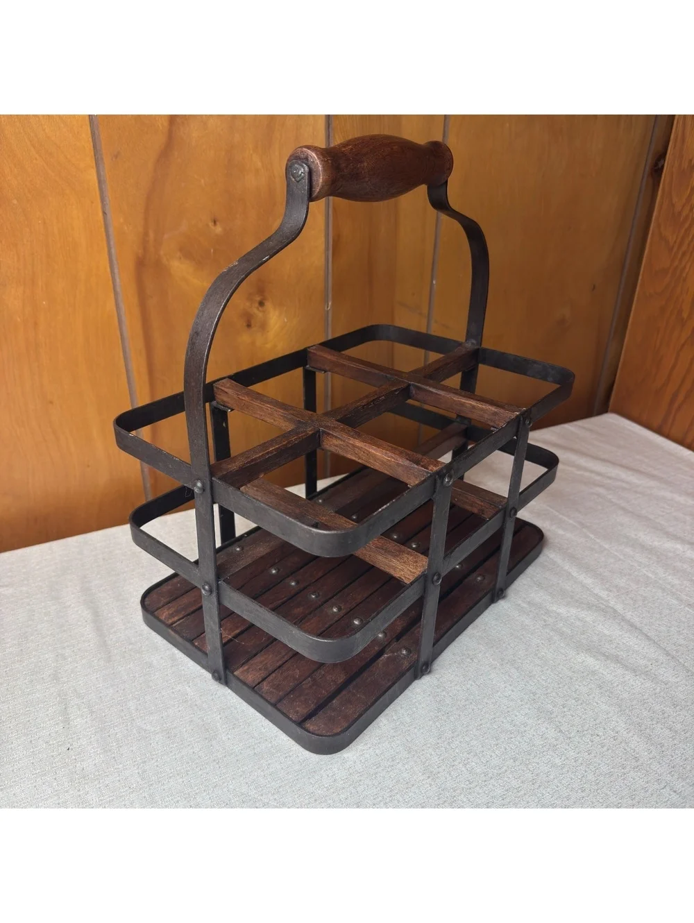 Wood Metal Bottle Caddy Wine Beer Carrier 6 Compartment Farmhouse Rustic Decor